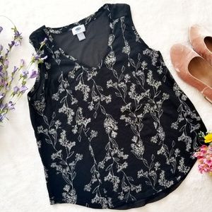 Tank Blouse Black Sheer Back Floral Size M